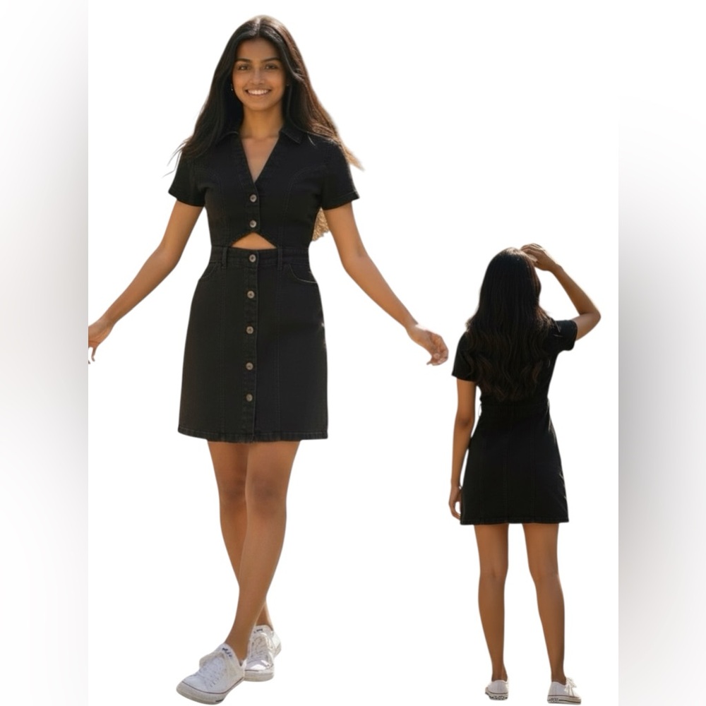 Zara Teen  Black Button-Front Short Sleeve Dress